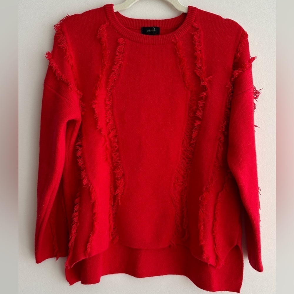 ontwelfth Red Fringey Sweater, Bright Red Knit Crewneck Sweater, Size Medium